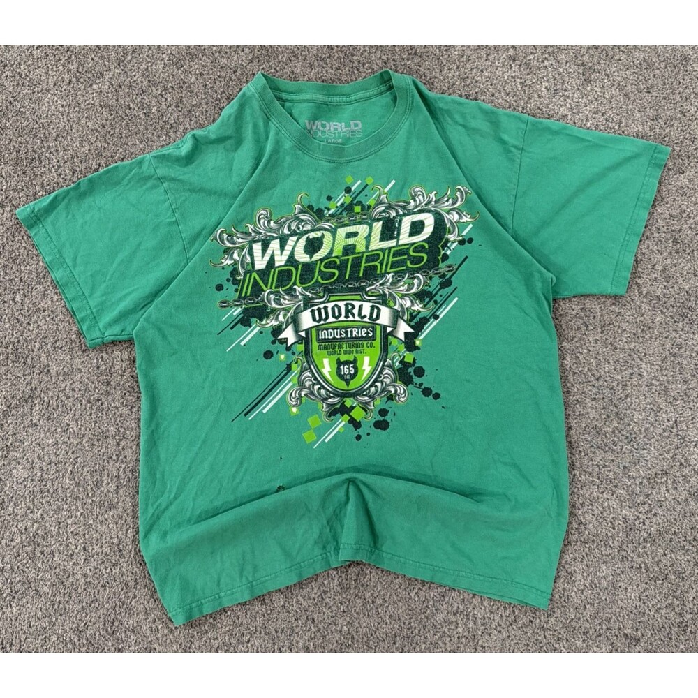 Vintage Y2K World Industries T Shirt Men L Green Skateboarding Skate Graphic Tee